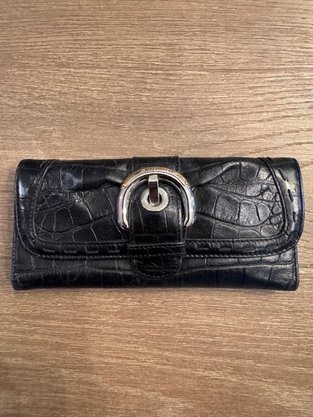 B Makowsky Black Leather Croc Embossed Leopard Lined Clutch Wallet